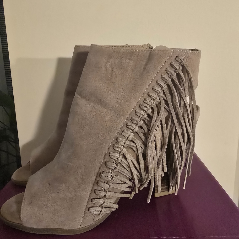 Rampage Taupe Fringe Peep-Toe Heeled Boots